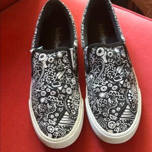 Bucket Feet Black and White Floral Skull Sneakers